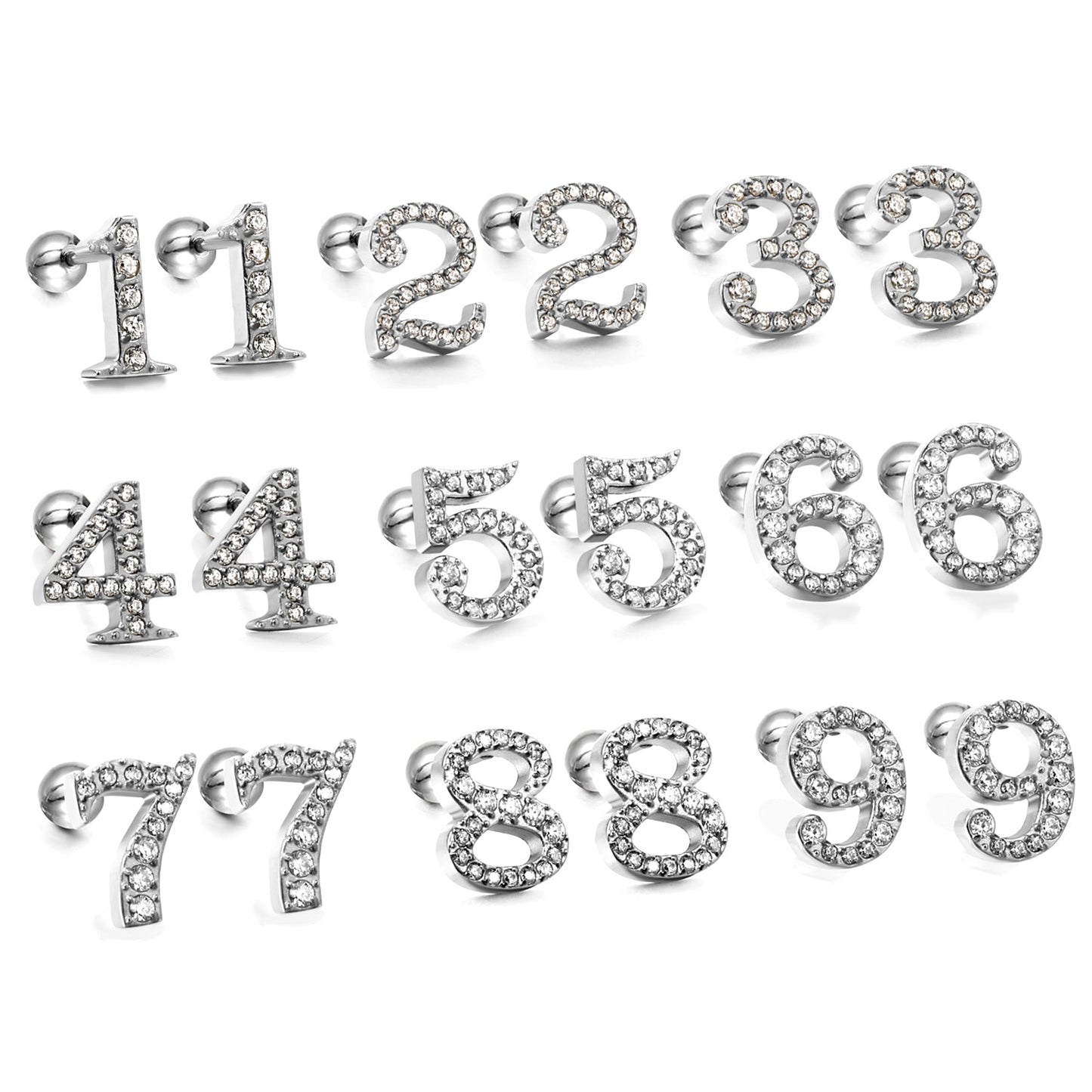 Steel ball screw-in numbers 1~9 with white diamond earrings 6*10mm asonjewelry
