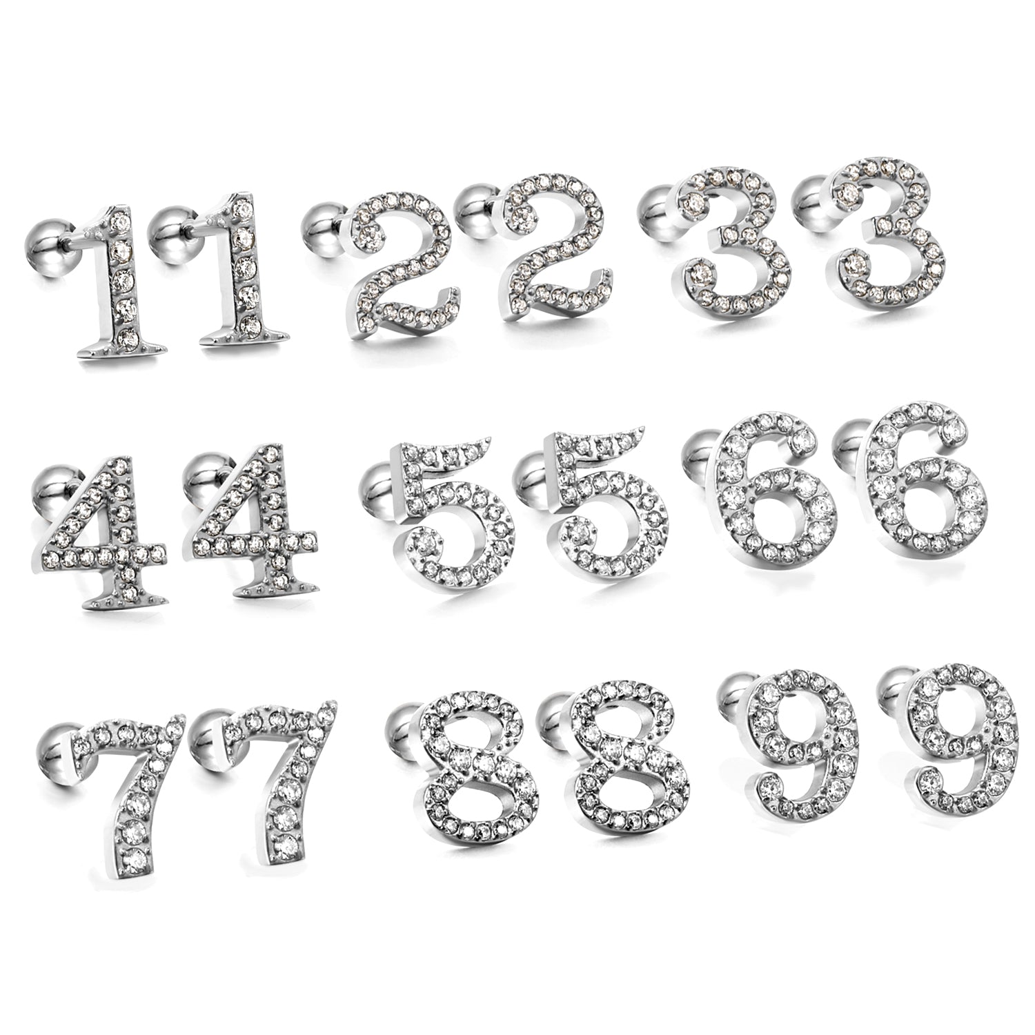 Steel ball screw-in numbers 1~9 with white diamond earrings 6*10mm asonjewelry