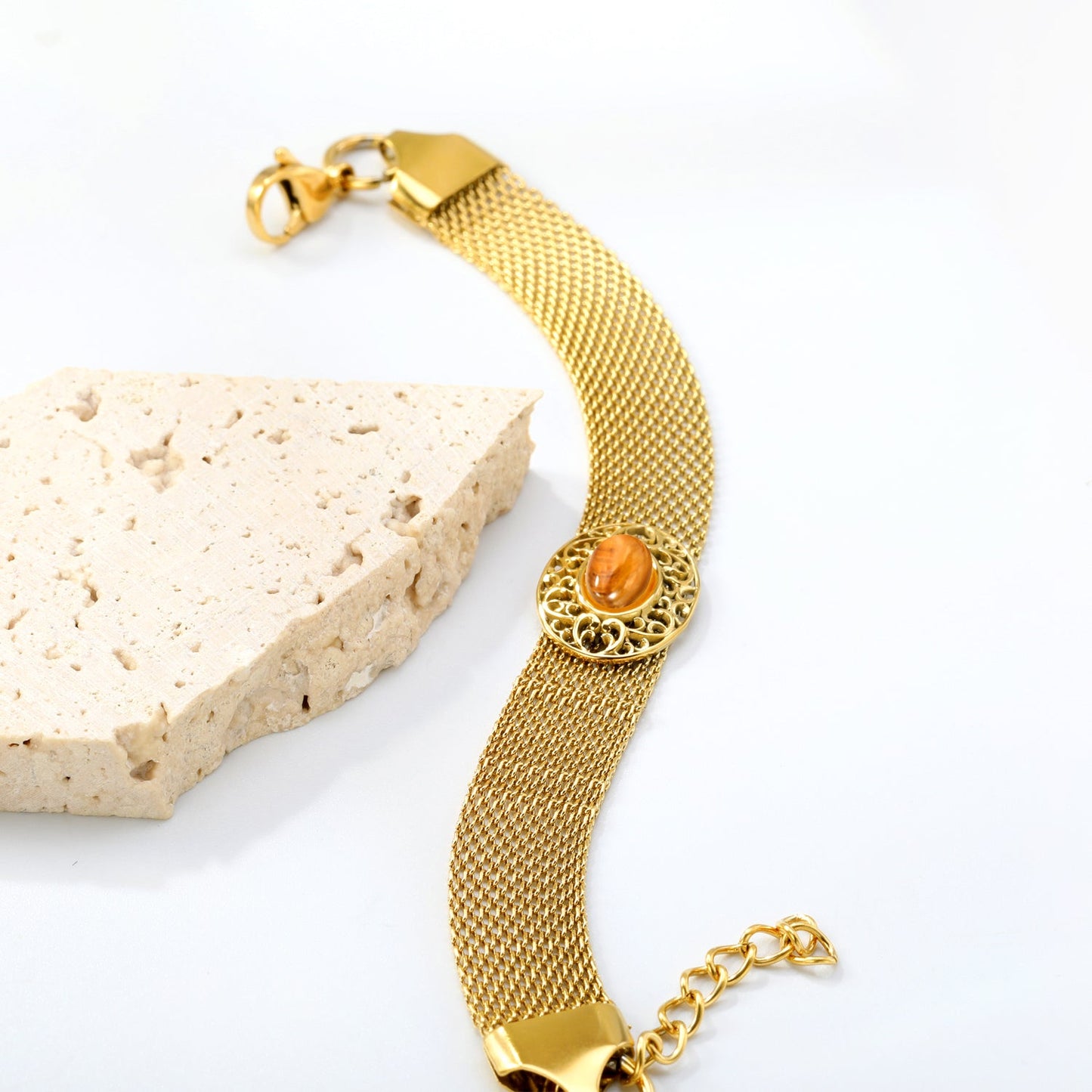 18.8*15mm Oval Hollowed Out with Earth Yellow Stones 18.5+3cm End Bracelet Bracelet Golden asonjewelry