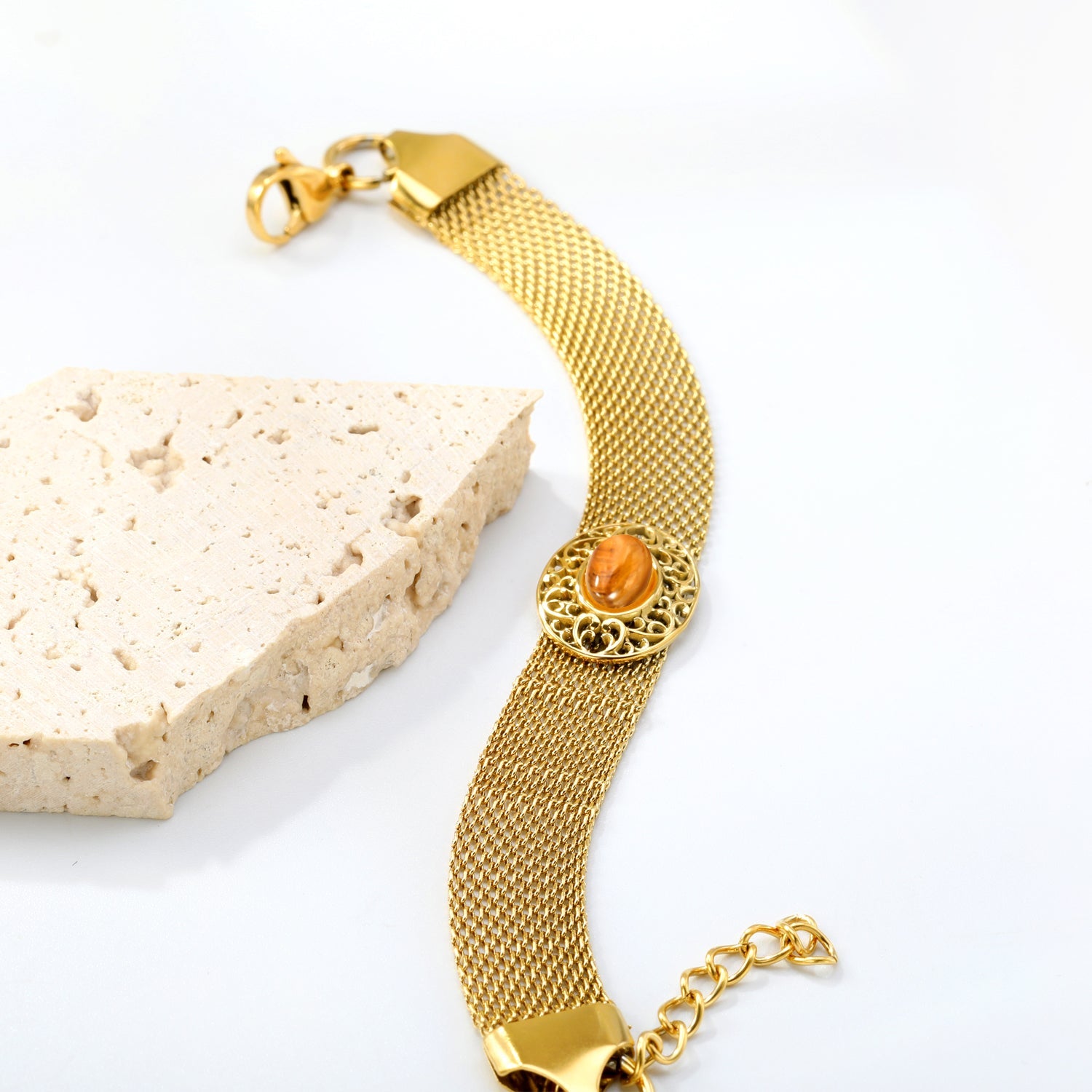 18.8*15mm Oval Hollowed Out with Earth Yellow Stones 18.5+3cm End Bracelet Bracelet Golden asonjewelry