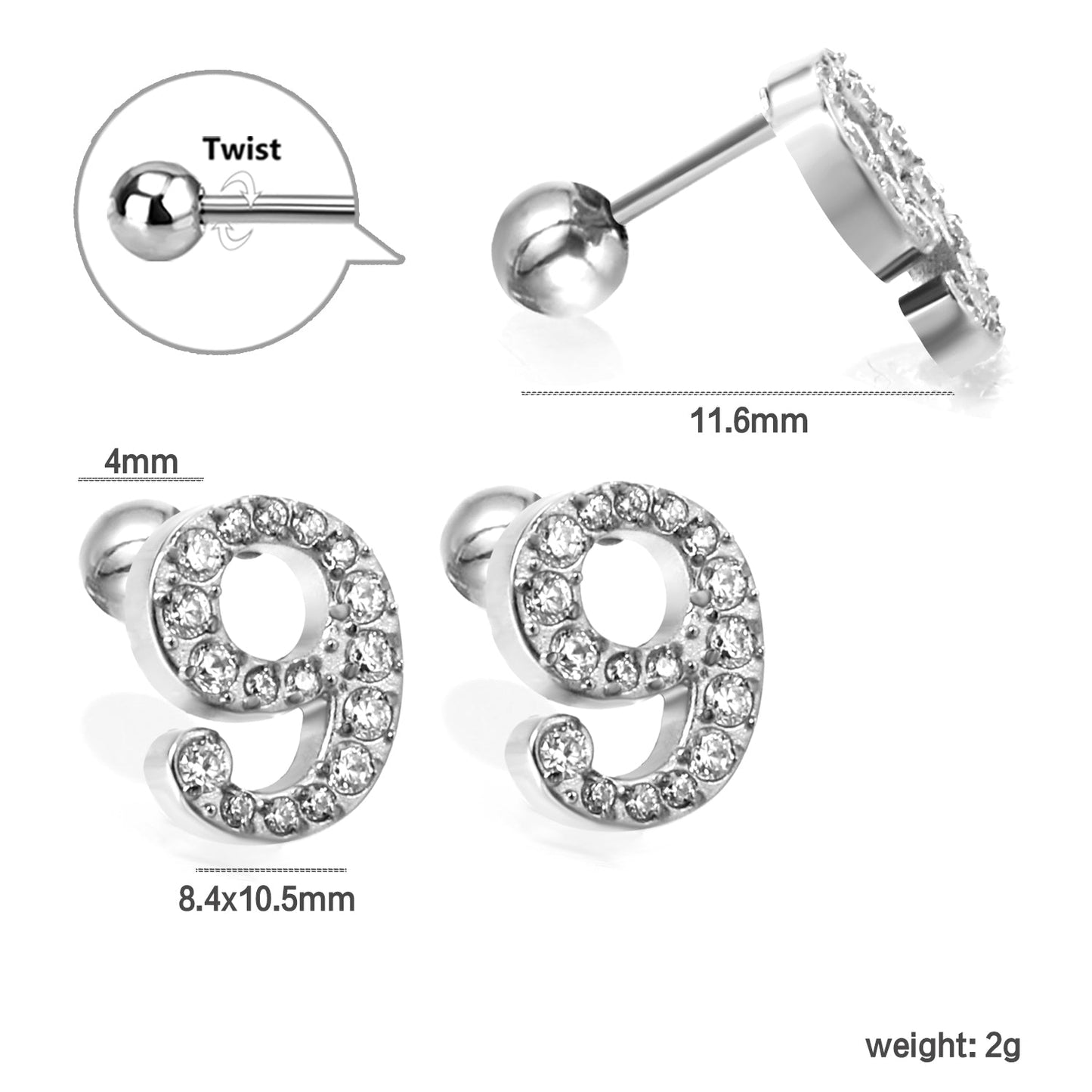Steel ball screw-in numbers 1~9 with white diamond earrings 6*10mm asonjewelry