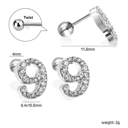 Steel ball screw-in numbers 1~9 with white diamond earrings 6*10mm asonjewelry
