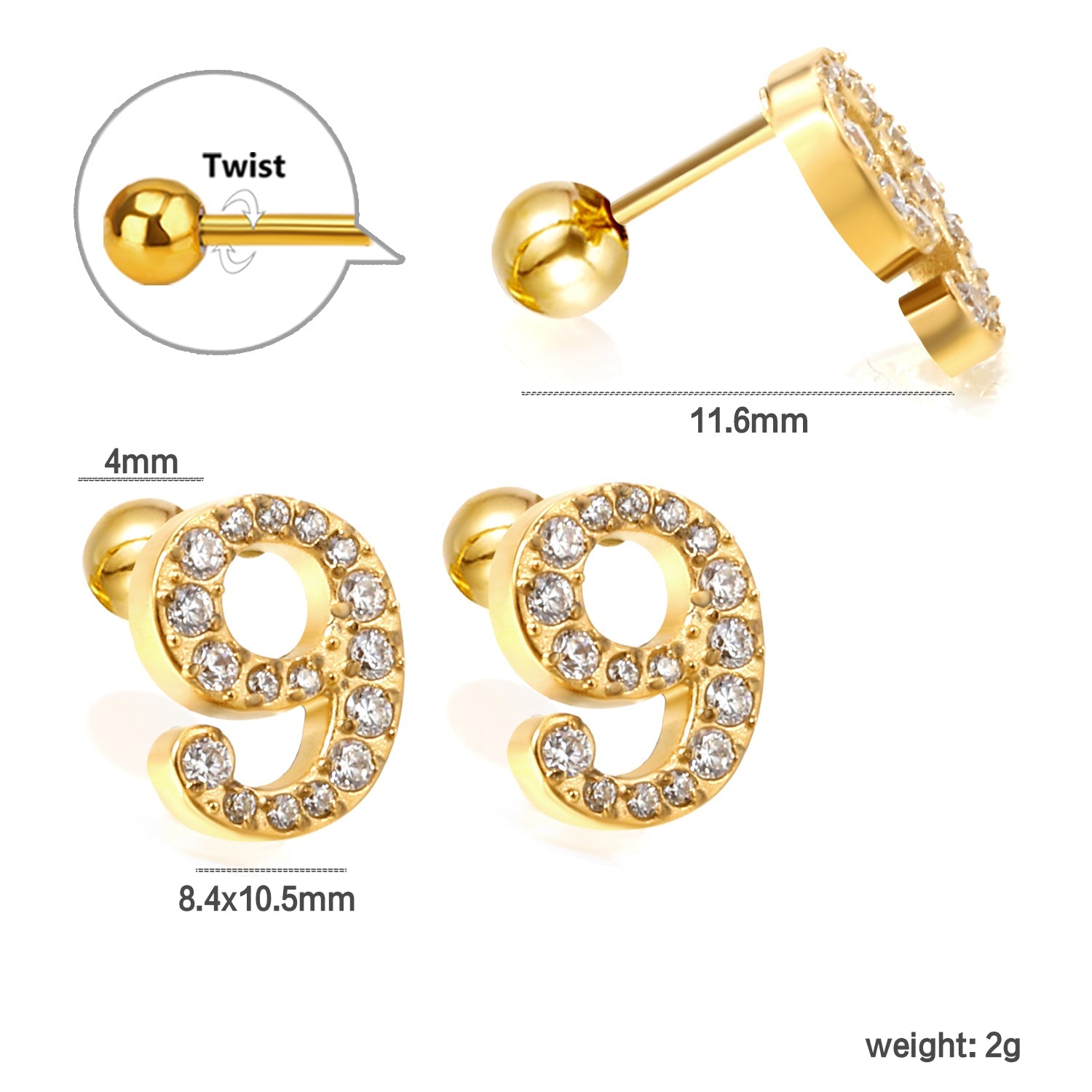 Steel ball screw-in numbers 1~9 with white diamond earrings 6*10mm asonjewelry