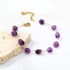 About 8.6*7mm Amethyst 0.3 Elongated Chain 20+3cm+6mm Round Plaque Bracelet Golden