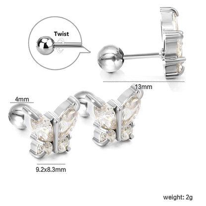 Steel Bead Screwback Butterfly with White Diamonds & Mixed Diamonds Earrings 9.2*8.3mm asonjewelry