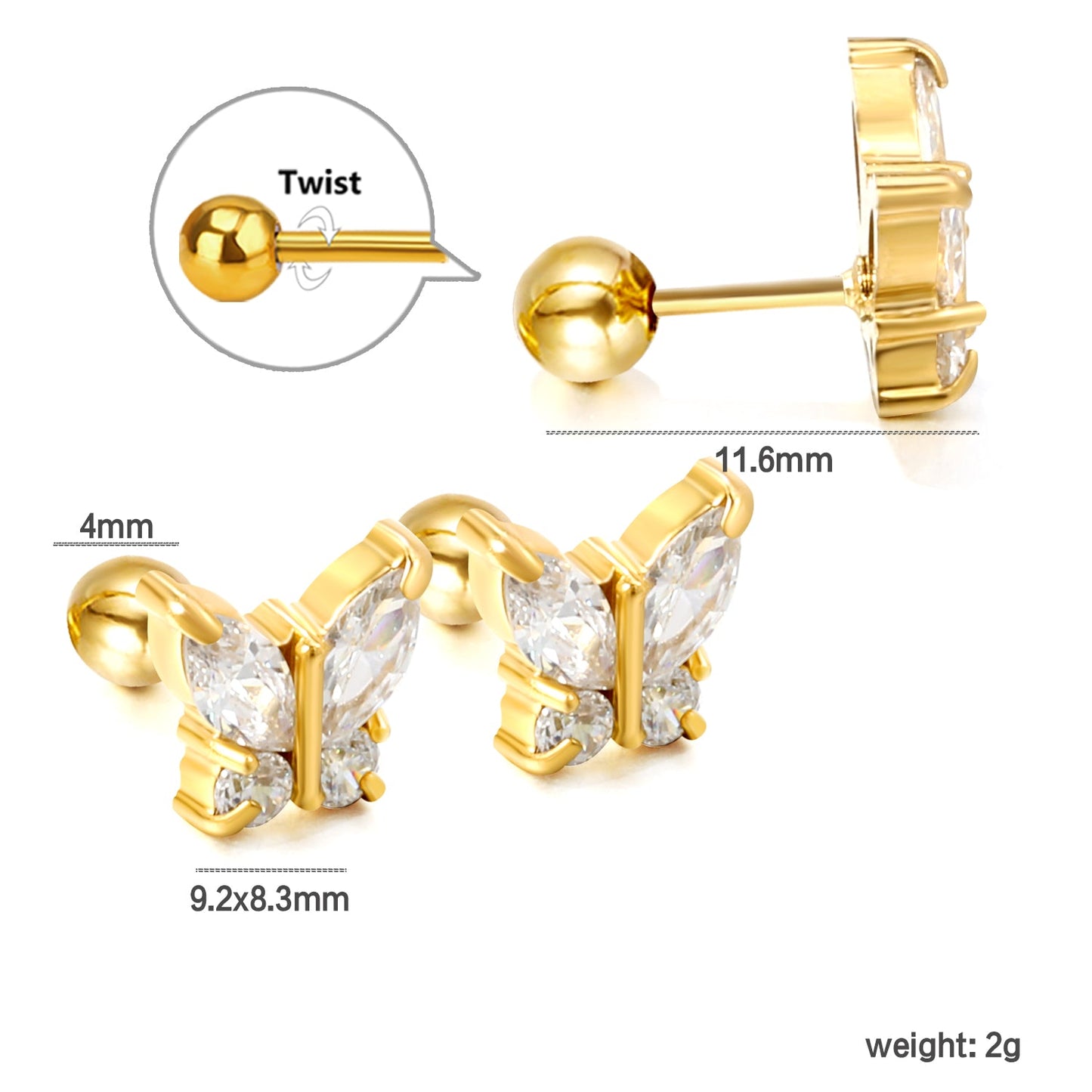 Steel Bead Screwback Butterfly with White Diamonds & Mixed Diamonds Earrings 9.2*8.3mm asonjewelry