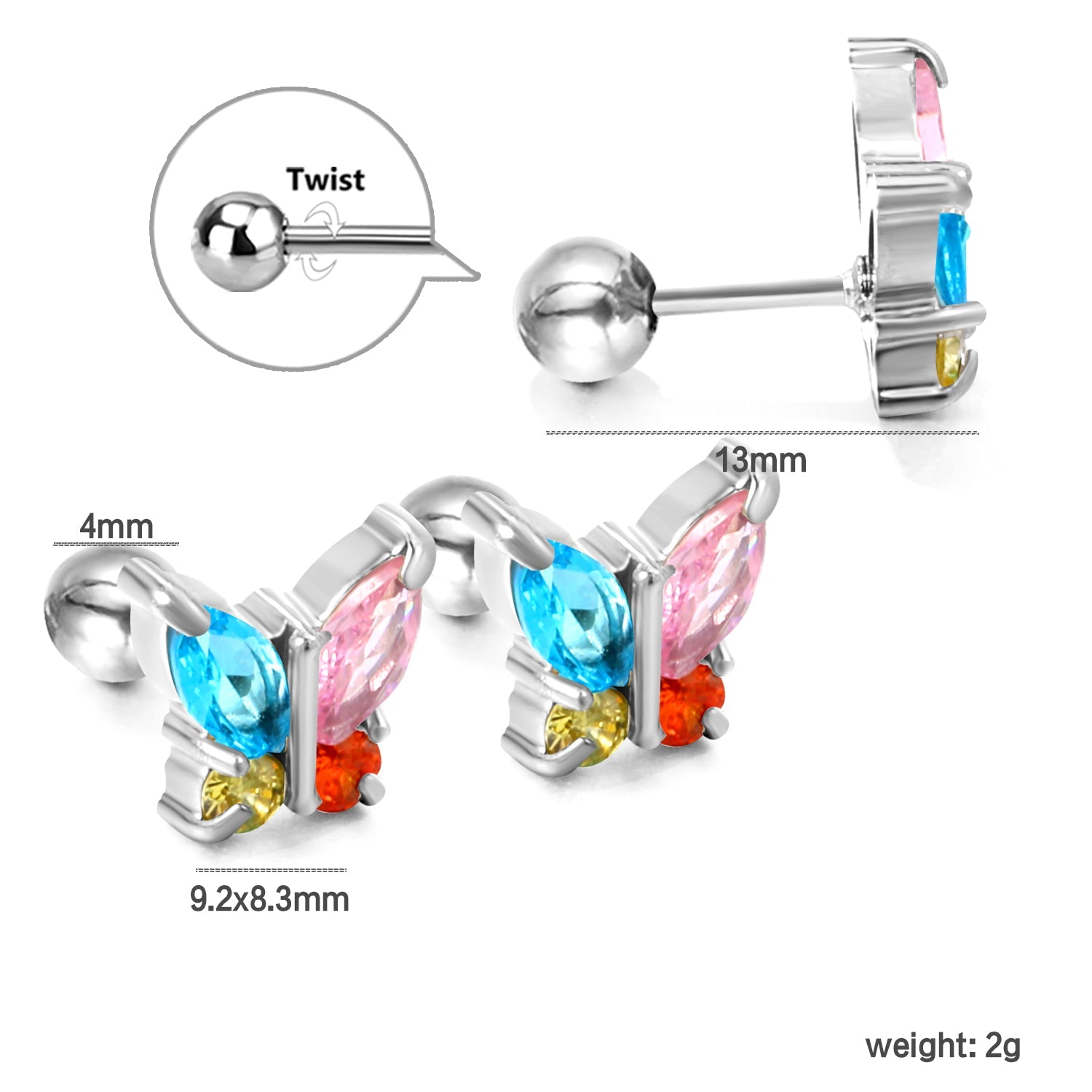 Steel Bead Screwback Butterfly with White Diamonds & Mixed Diamonds Earrings 9.2*8.3mm asonjewelry