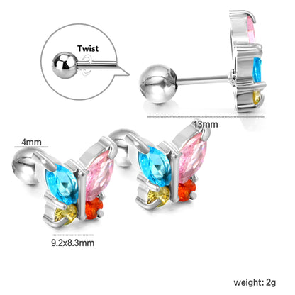 Steel Bead Screwback Butterfly with White Diamonds & Mixed Diamonds Earrings 9.2*8.3mm asonjewelry