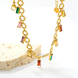3.1*6mm square diamond mixed color accessories 7mm seven beads wreath chain *40+5cm+6mm round plate necklace Golden