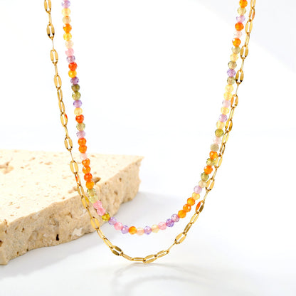 2mm color zirconia beads*40cm double lip chain45+5cm end chain+6mm round plate double necklace Steel/Golden asonjewelry