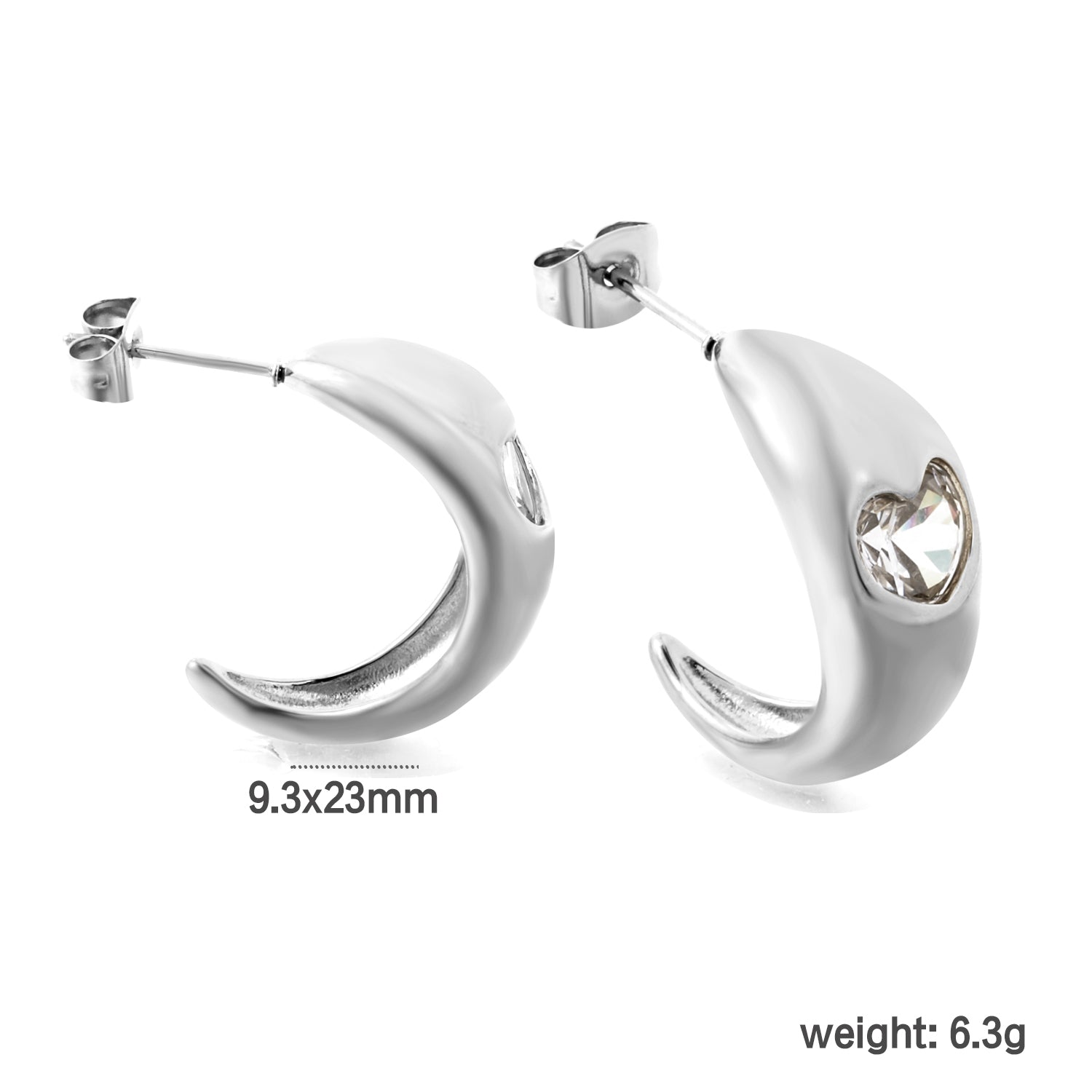 C-shaped size head with heart-shaped white diamond earrings 9.3*23mm asonjewelry