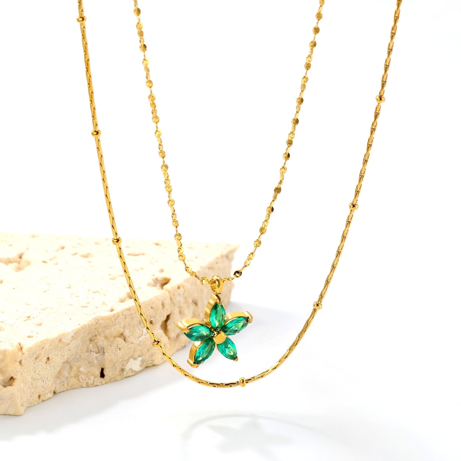 12*12mm Flower with Green Zirconia Pendant 0.9 Hammered Round Clip Bead*45cm+0.9 Full Star 40+5cm+6mm Round Plaque Double Chain Necklace GOLDEN asonjewelry