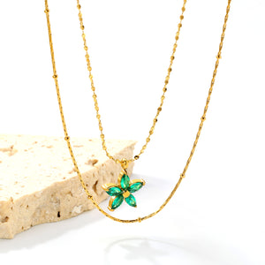 12*12mm Flower with Green Zirconia Pendant 0.9 Hammered Round Clip Bead*45cm+0.9 Full Star 40+5cm+6mm Round Plaque Double Chain Necklace GOLDEN