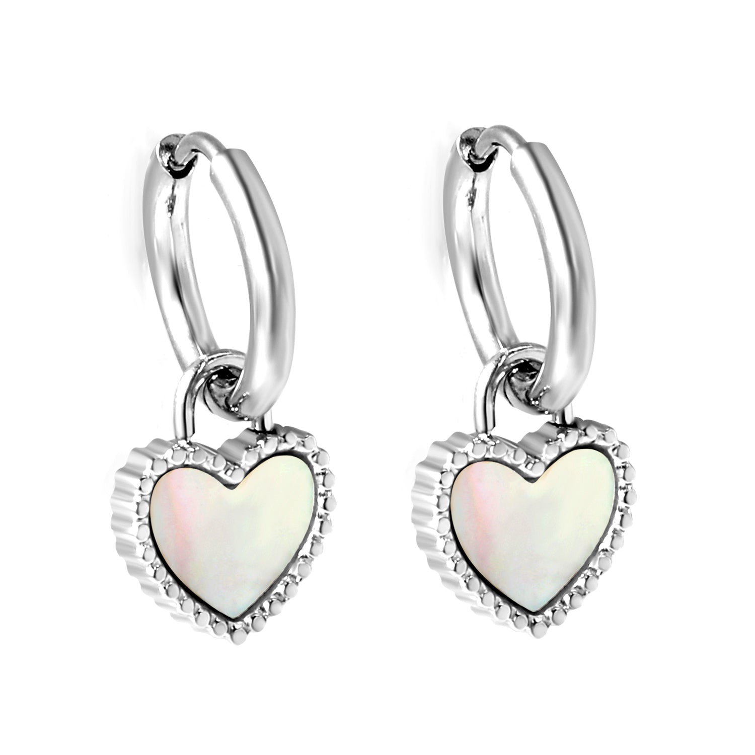 2*14.2mm Circle with Beaded Edge Heart with White Shell Earrings 10.7*10mm asonjewelry