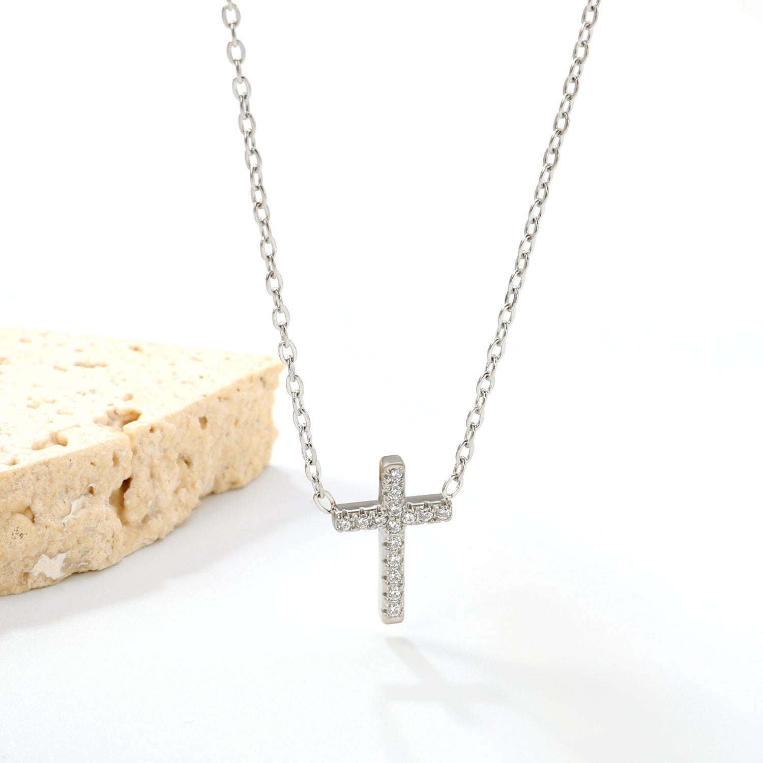 10*15mm cross with white diamond pendant necklace 42+5cm steel color/golden asonjewelry