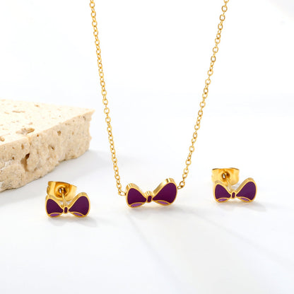 Bow Set Gold Earrings: 10*5.5mm Pendant: 11.8*6.5mm 0.3 Cross Chain 40+5cm+6mm Round Plaque asonjewelry