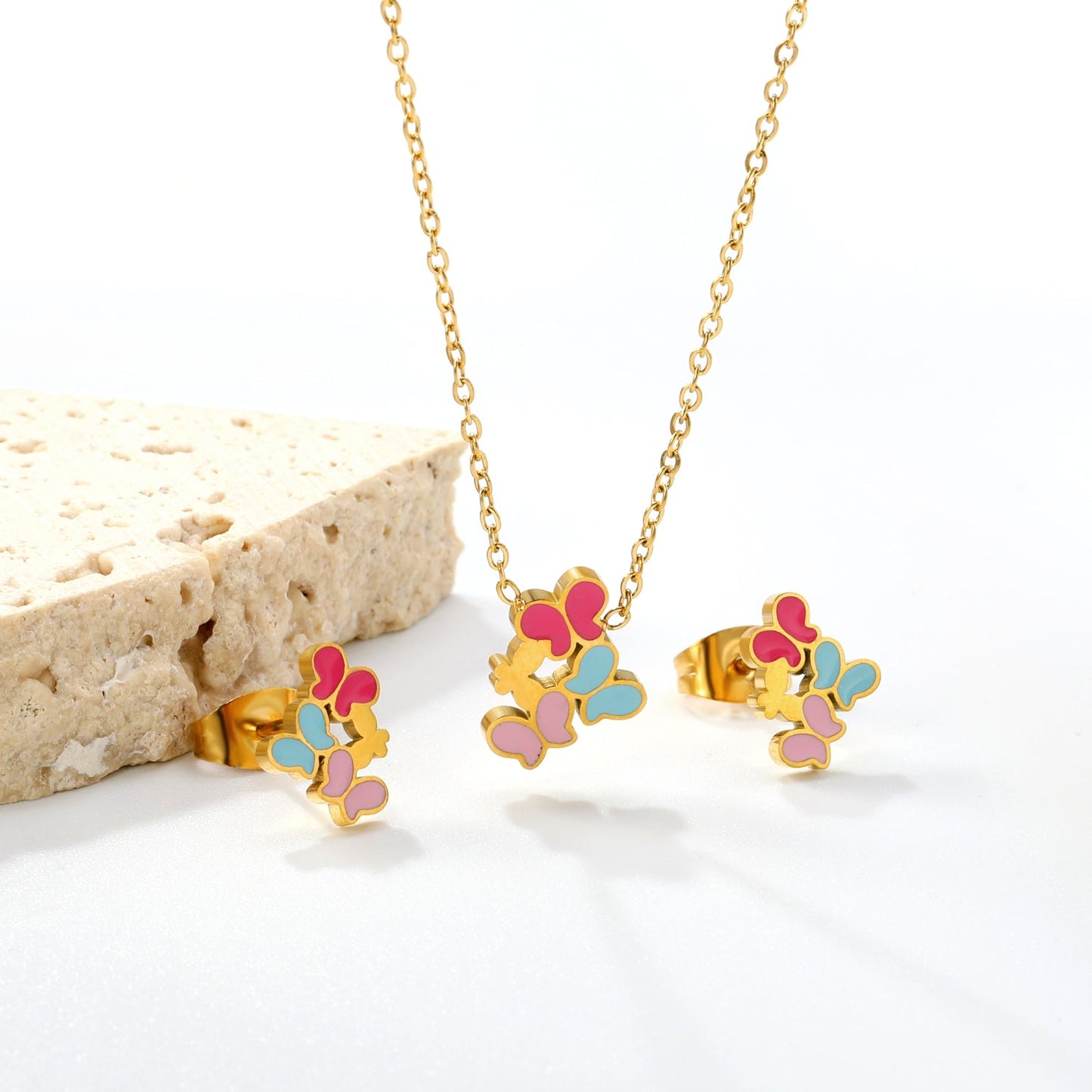 Mixed Color Butterfly Set Gold Earrings: 7.7*9.8mm Pendant: 9.4*12mm 0.3 Cross Chain 40+5cm+6mm Round Plaque asonjewelry