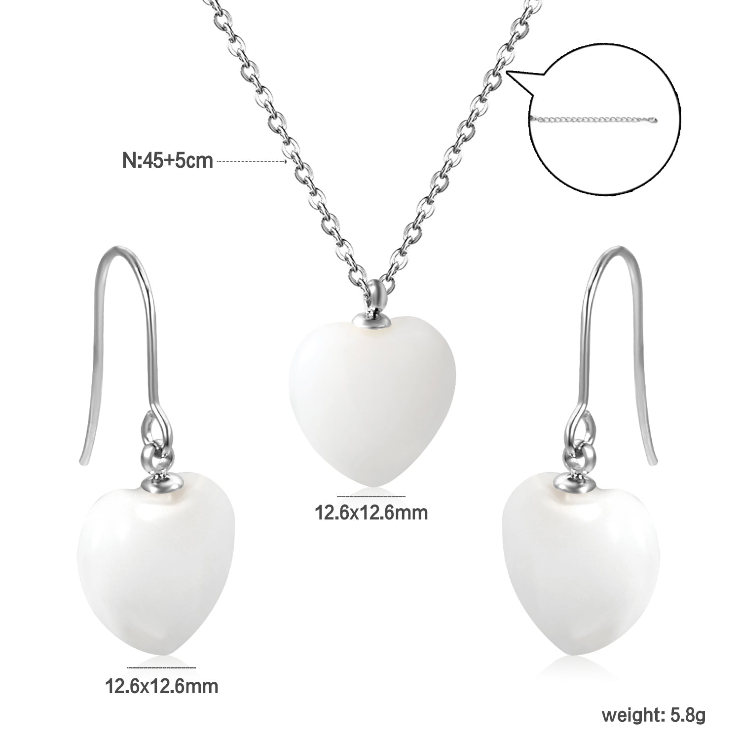 12.6*12.6mm Heart White Natural Stone Set asonjewelry