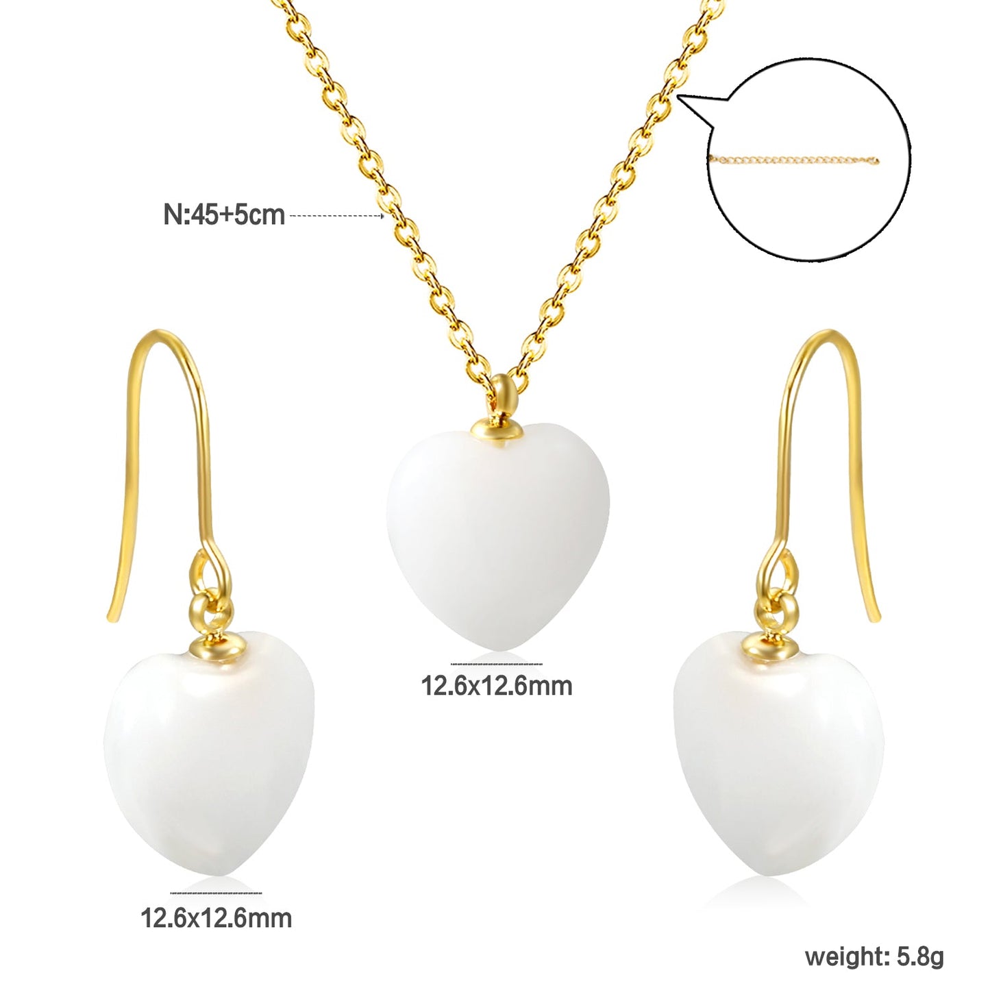 12.6*12.6mm Heart White Natural Stone Set asonjewelry