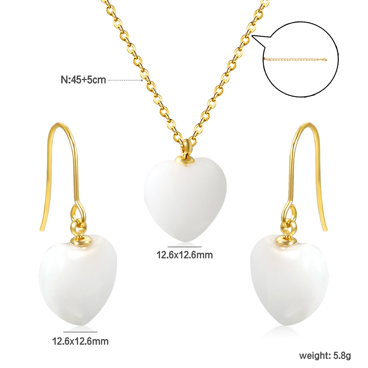 12.6*12.6mm Heart White Natural Stone Set asonjewelry