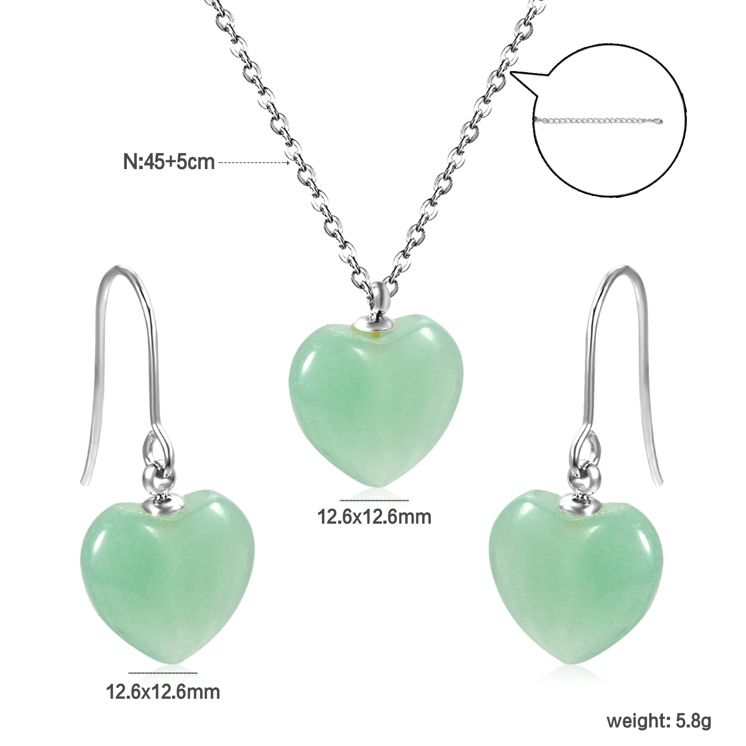 12.6*12.6mm Heart Green Natural Stone Set asonjewelry