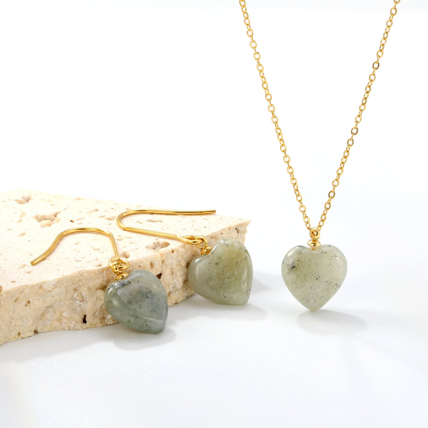 Gray/Purple/Blue Heart Stones Set Gold Earrings:12.2*12.3mm Pendant:12.2*12.3mm 0.3 Cross Chain 40+5cm+6mm Round Plaque asonjewelry