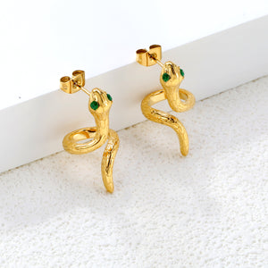12.8*26.2mm Snake shape with 2 green diamonds Earring Gold color