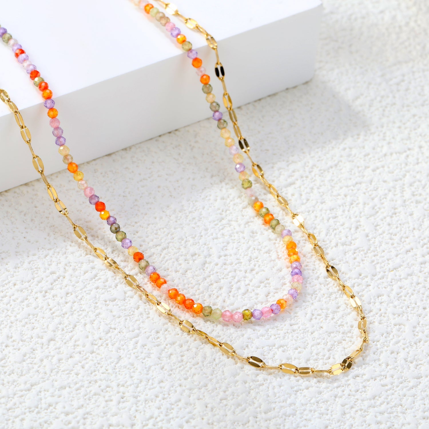 2mm color zirconia beads*40cm double lip chain45+5cm end chain+6mm round plate double necklace Steel/Golden asonjewelry