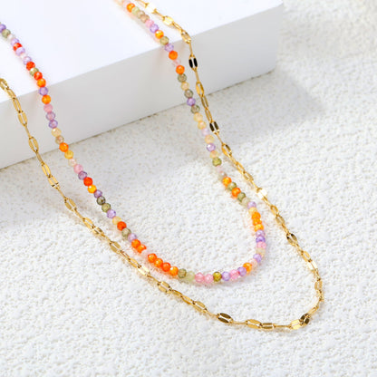 2mm color zirconia beads*40cm double lip chain45+5cm end chain+6mm round plate double necklace Steel/Golden asonjewelry