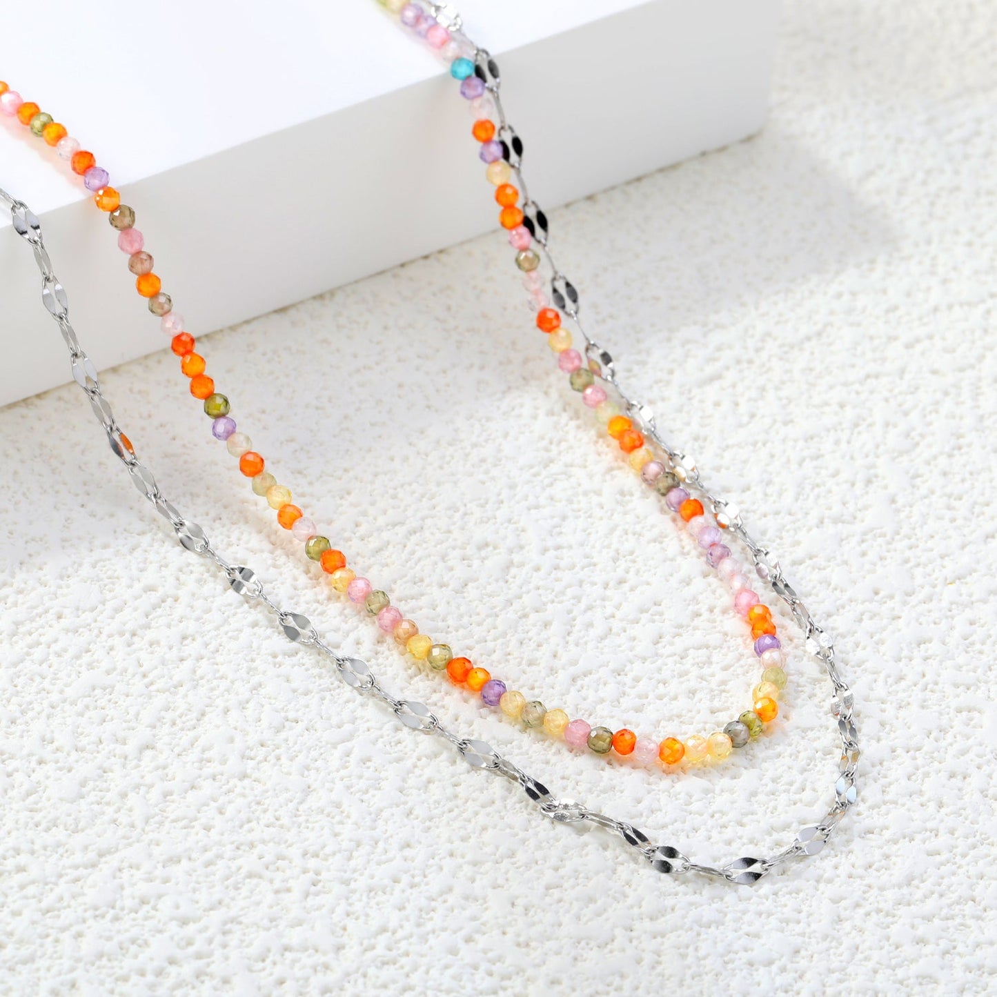 2mm color zirconia beads*40cm double lip chain45+5cm end chain+6mm round plate double necklace Steel/Golden asonjewelry