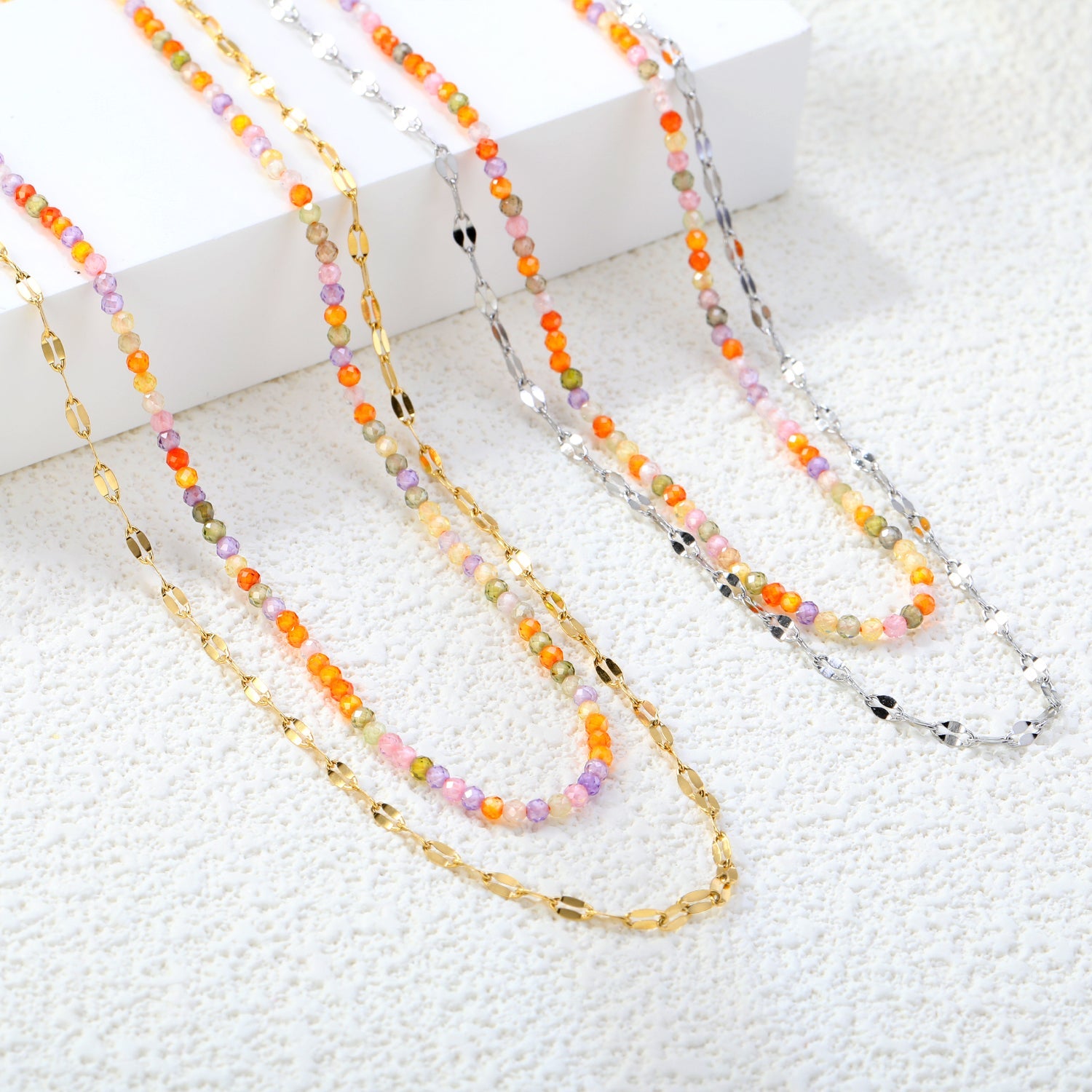 2mm color zirconia beads*40cm double lip chain45+5cm end chain+6mm round plate double necklace Steel/Golden asonjewelry