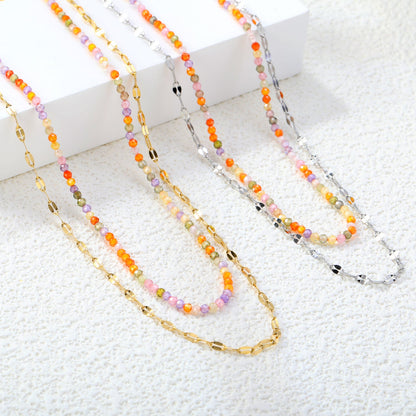 2mm color zirconia beads*40cm double lip chain45+5cm end chain+6mm round plate double necklace Steel/Golden asonjewelry