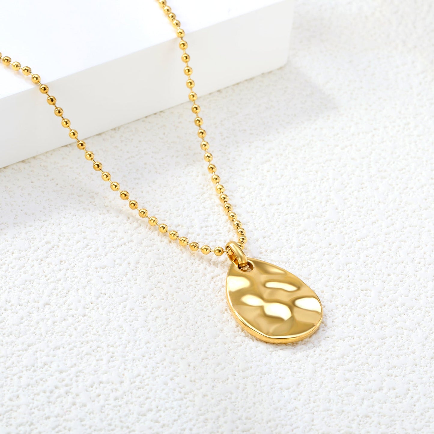 18*25mm teardrop pendant 2mm bead chain*40+5cm+6mm round plate necklace gold color asonjewelry