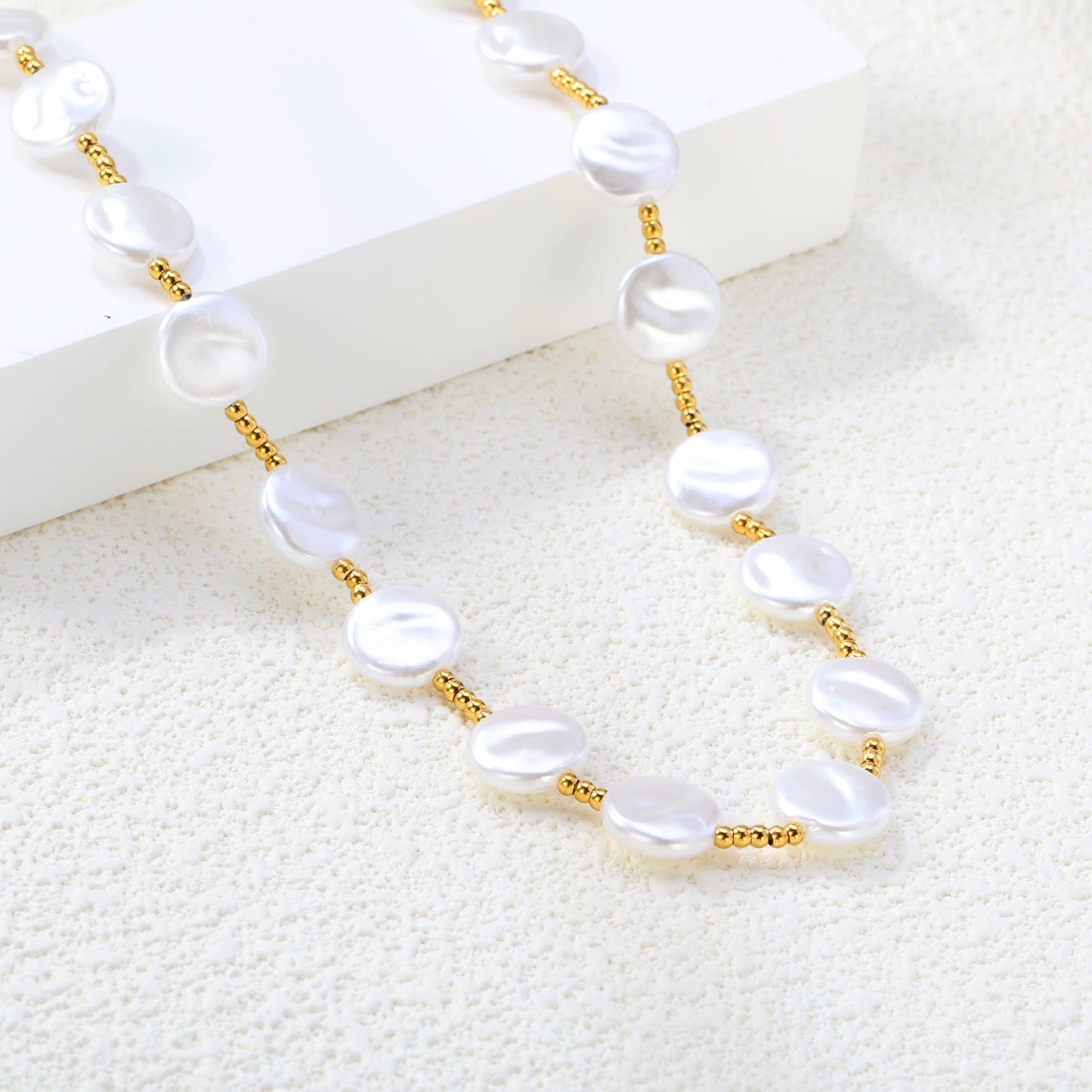 10mm round imitation pearl accessories 2mm through-hole beads *37+8cm+6mm round plate necklace gold color asonjewelry