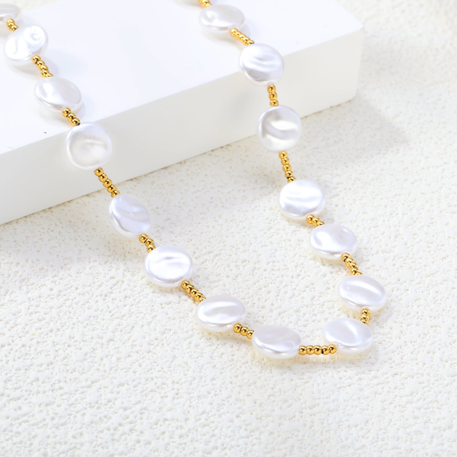 10mm round imitation pearl accessories 2mm through-hole beads *37+8cm+6mm round plate necklace gold color asonjewelry