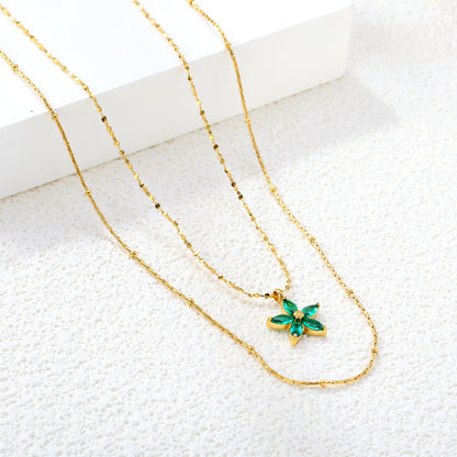 12*12mm Flower with Green Zirconia Pendant 0.9 Hammered Round Clip Bead*45cm+0.9 Full Star 40+5cm+6mm Round Plaque Double Chain Necklace GOLDEN asonjewelry