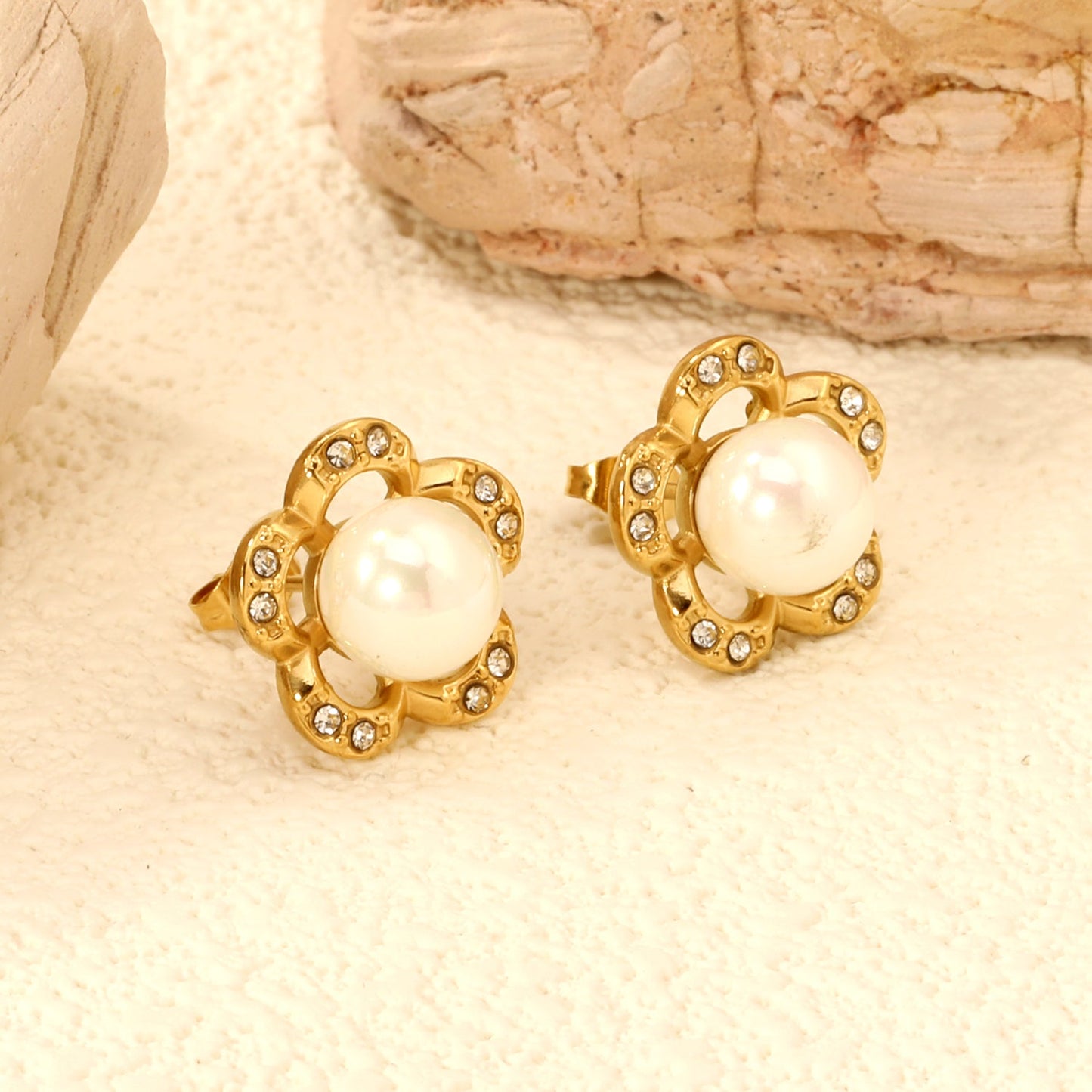 15.3mm Peach Blossom with White Diamonds + 8mm White Pearl Stud Earrings asonjewelry