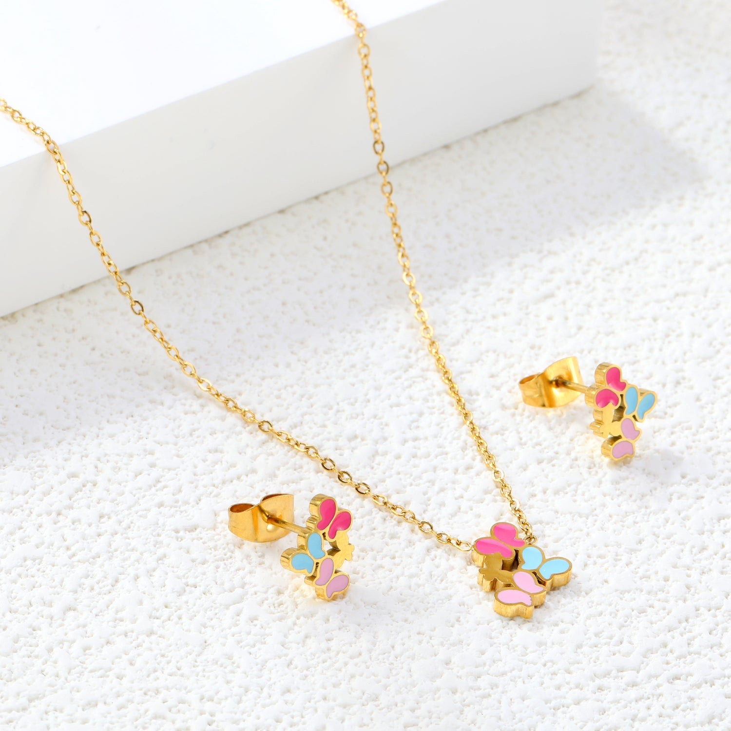 Mixed Color Butterfly Set Gold Earrings: 7.7*9.8mm Pendant: 9.4*12mm 0.3 Cross Chain 40+5cm+6mm Round Plaque asonjewelry
