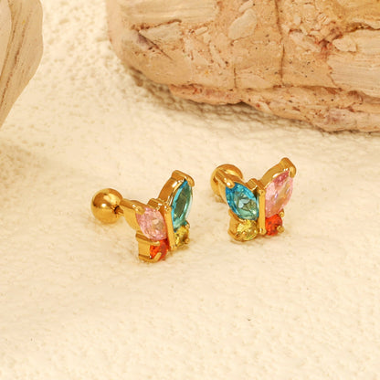 Steel Screw Butterfly with White Diamonds & Mixed Diamonds Earrings 9.2*8.3mm asonjewelry