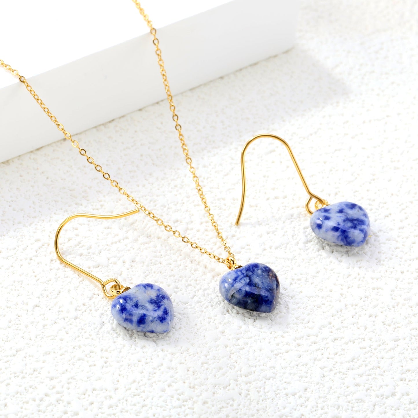 Gray/Purple/Blue Heart Stones Set Gold Earrings:12.2*12.3mm Pendant:12.2*12.3mm 0.3 Cross Chain 40+5cm+6mm Round Plaque asonjewelry