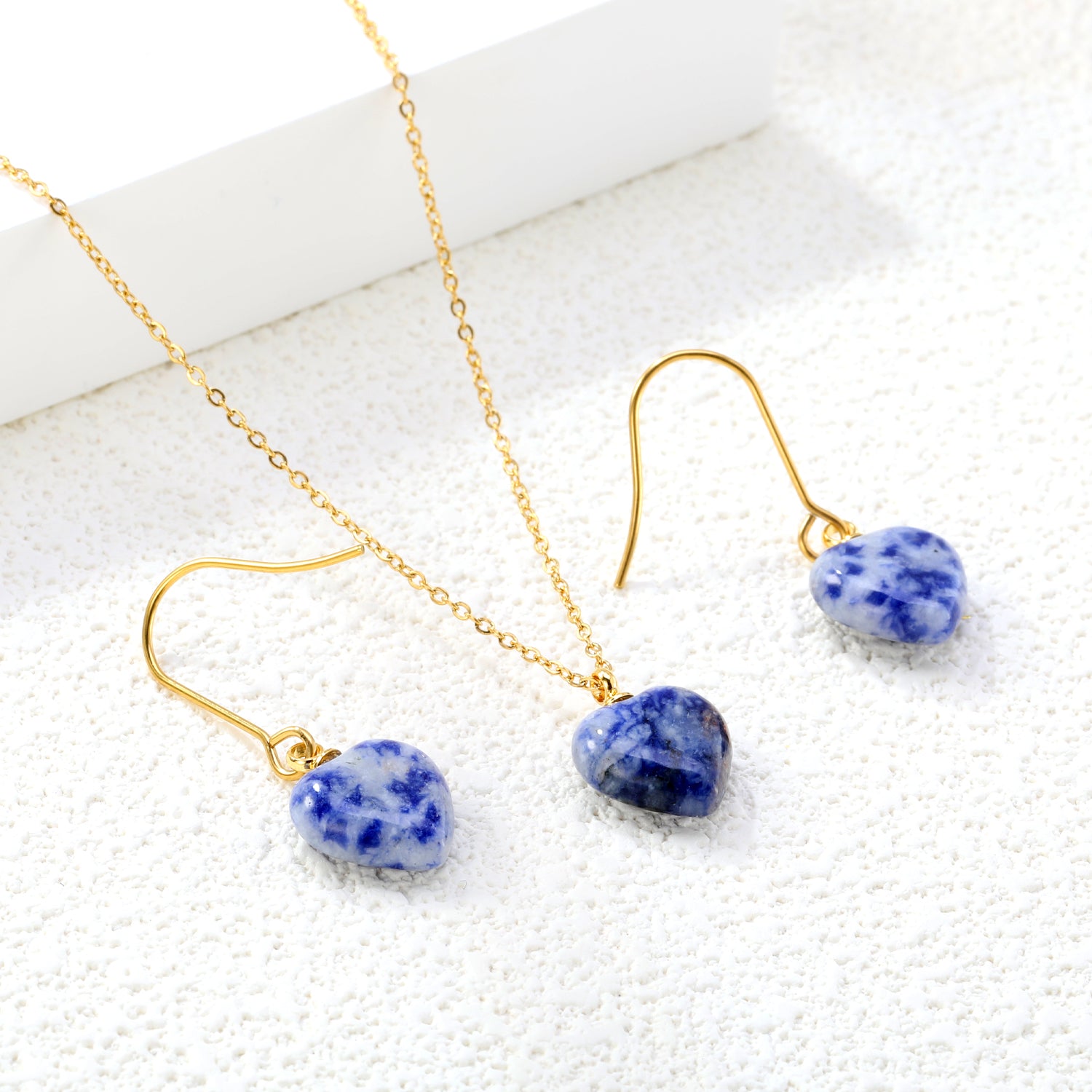 Gray/Purple/Blue Heart Stones Set Gold Earrings:12.2*12.3mm Pendant:12.2*12.3mm 0.3 Cross Chain 40+5cm+6mm Round Plaque asonjewelry