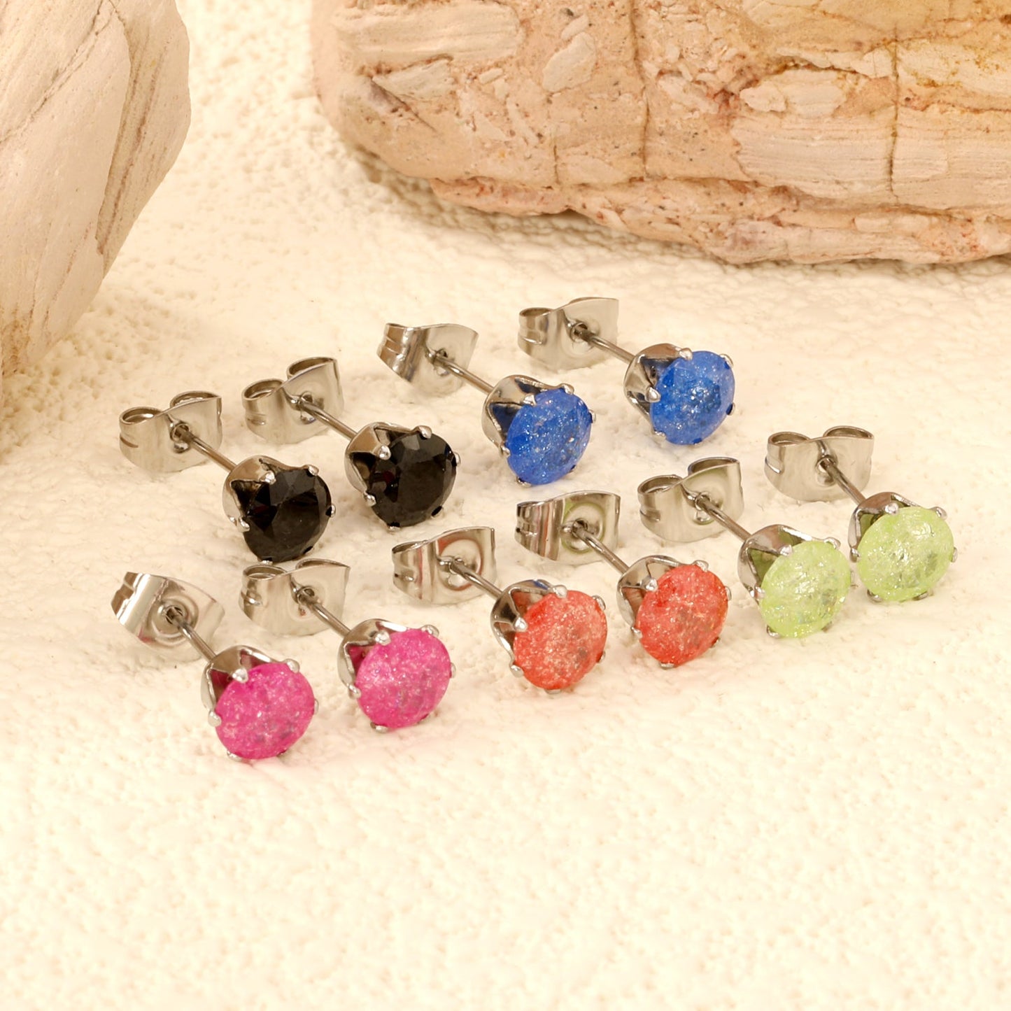 Qty 10pcs 6mm Six Catch Round Mixed Color Diamonds Steel Stud Earrings asonjewelry