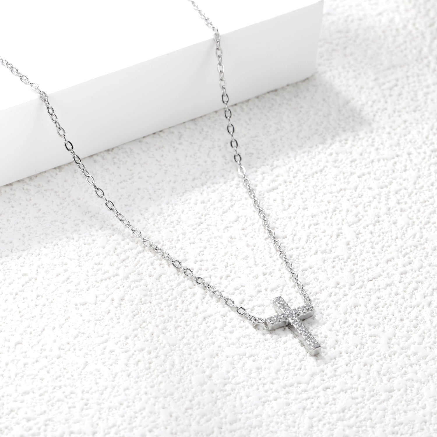 10*15mm cross with white diamond pendant necklace 42+5cm steel color/golden asonjewelry