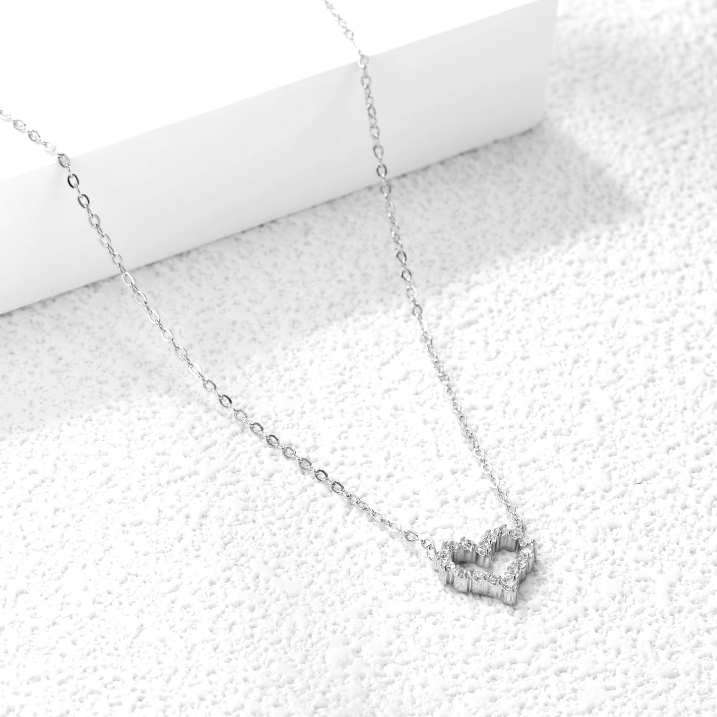 11*10mm Heart Shaped Circle with White Diamond Edge Pendant Necklace 42+5cm Steel/Golden asonjewelry