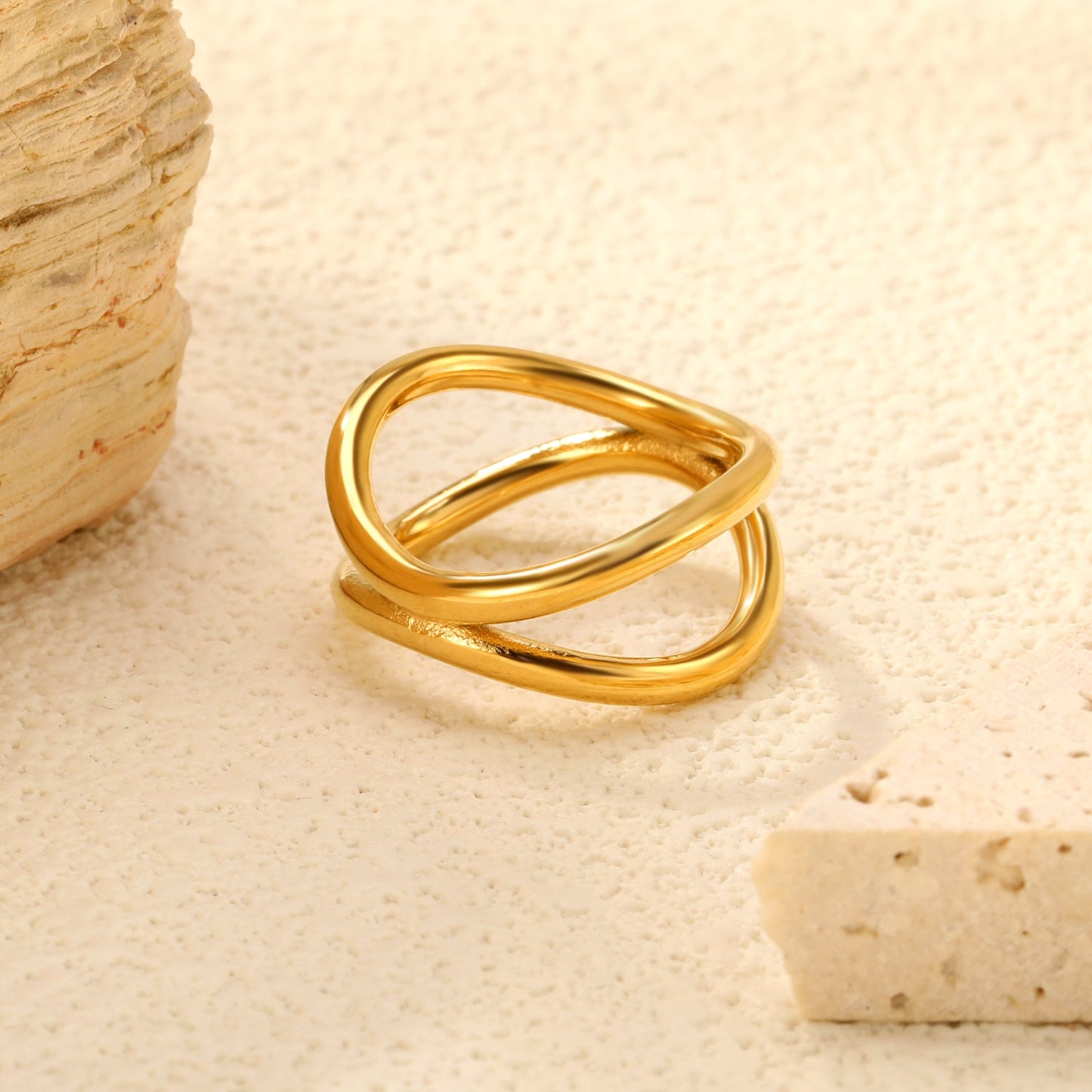 11mm H-Size Double Circle Steel/Gold Plated Statement Ring asonjewelry