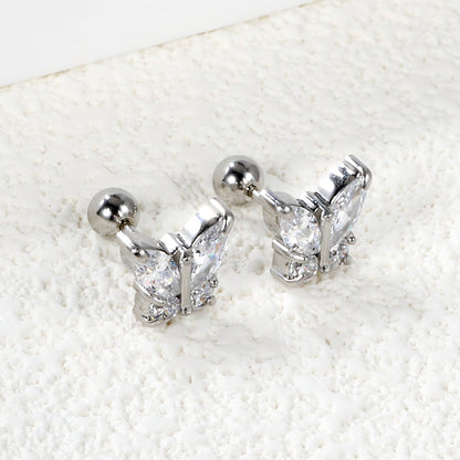 Steel Bead Screwback Butterfly with White Diamonds & Mixed Diamonds Earrings 9.2*8.3mm asonjewelry