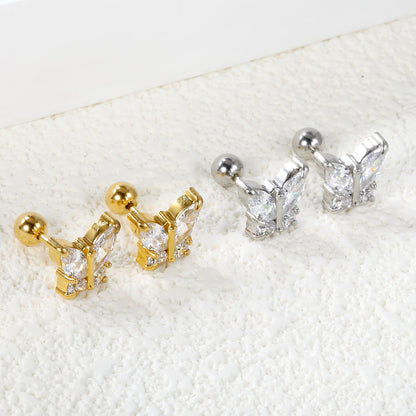 Steel Bead Screwback Butterfly with White Diamonds & Mixed Diamonds Earrings 9.2*8.3mm asonjewelry