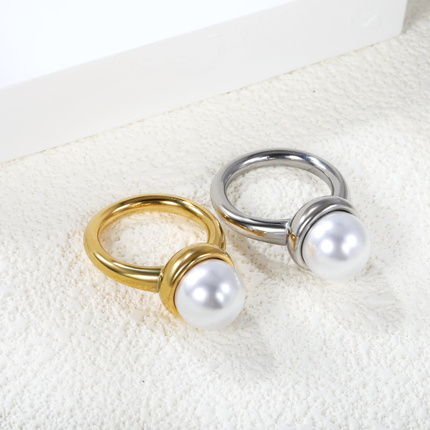 Minimalist band ring with oversized white round pearls. asonjewelry
