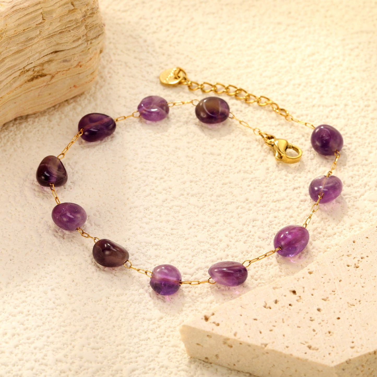 About 8.6*7mm Amethyst 0.3 Elongated Chain 20+3cm+6mm Round Plaque Bracelet Golden asonjewelry
