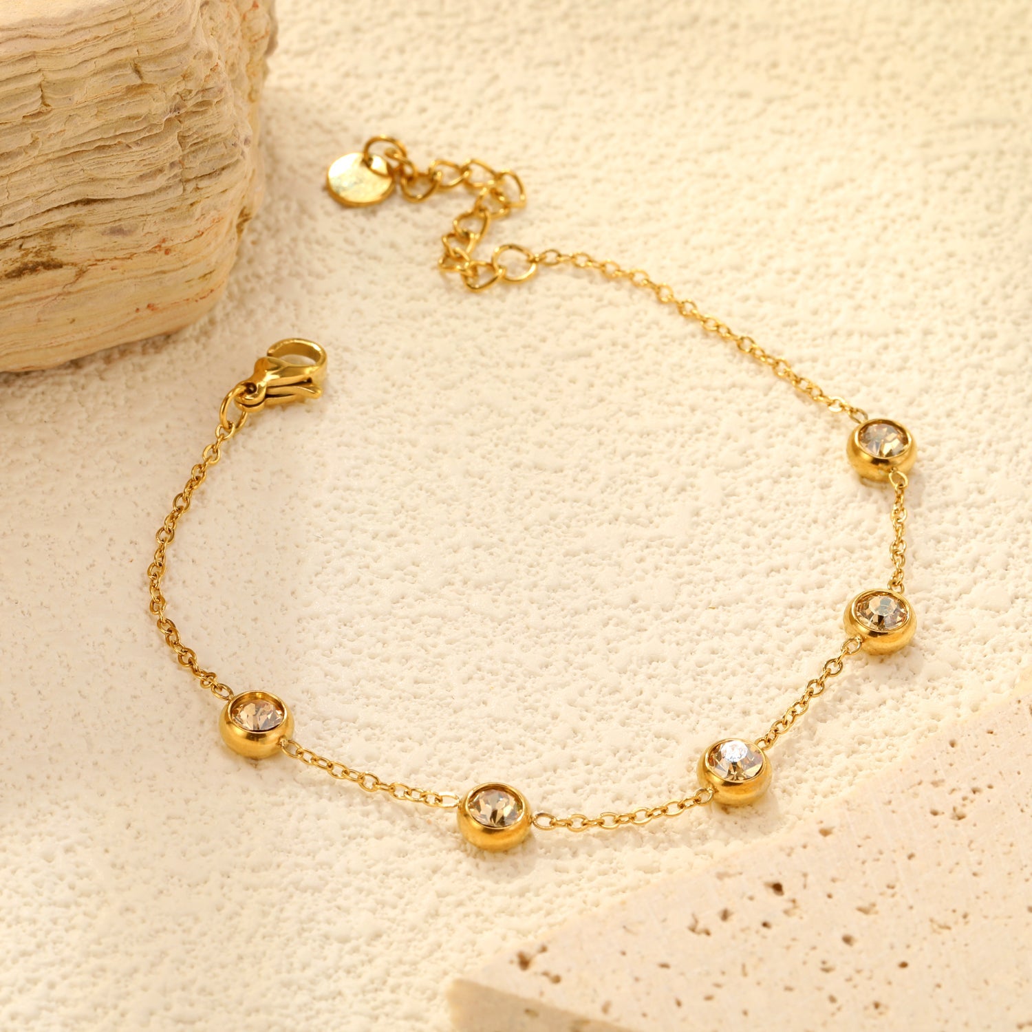 6mm Round Sticky Swarovski Diamonds 17.5+3cm+6mm Bracelet Golden asonjewelry